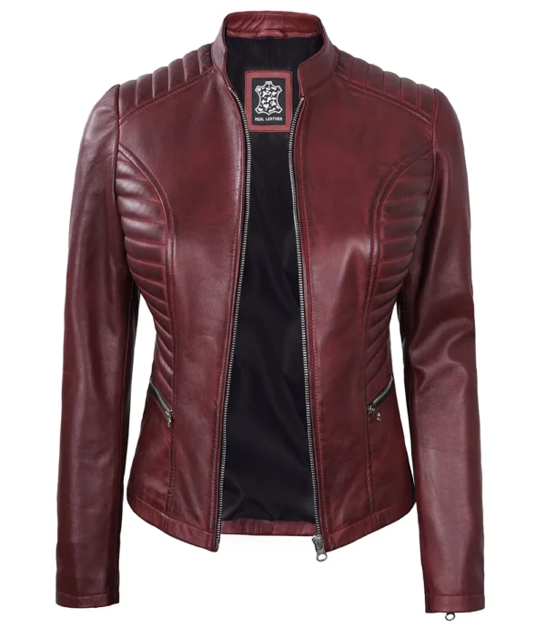 Premium Womens Leather Cafe Racer Jacket – Maroon Edition - Image 4