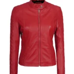 Premium Womens Red Cafe Racer Jacket – Quilted Leather Sleeves