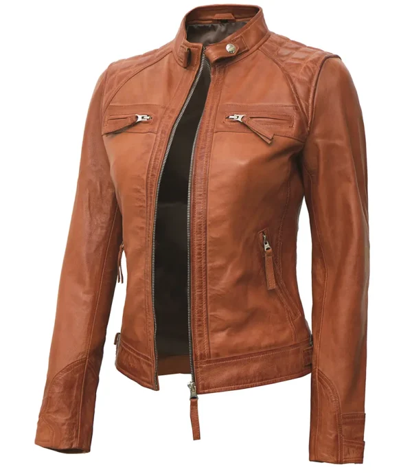 Classic Womens Cafe Racer Tan Leather Jacket - Image 4