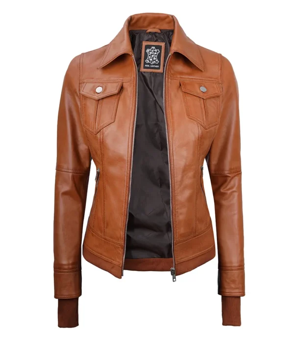 Womens Tan Waxed Bomber Leather Jacket with Detachable Hood - Image 5