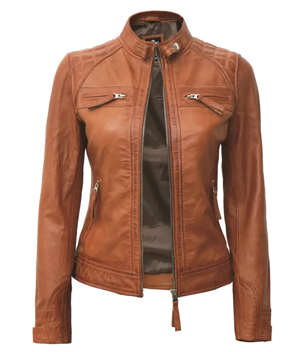 Classic Womens Cafe Racer Tan Leather Jacket - Image 3