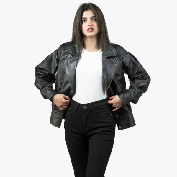 Womens Black Tall Biker Leather Jacket With Notch Collar