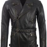 Mens Black Leather Belted Motorcycle Coat