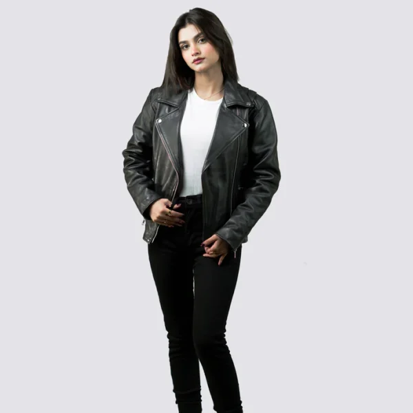 Women Tall Black Leather Biker Jacket With Notch Collar