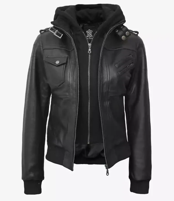 Womens Tall Bomber Black Leather Jacket With Hood