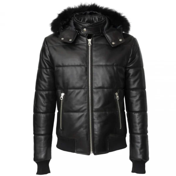 Lack Leather Winter Puffer Jacket Hood and Fur
