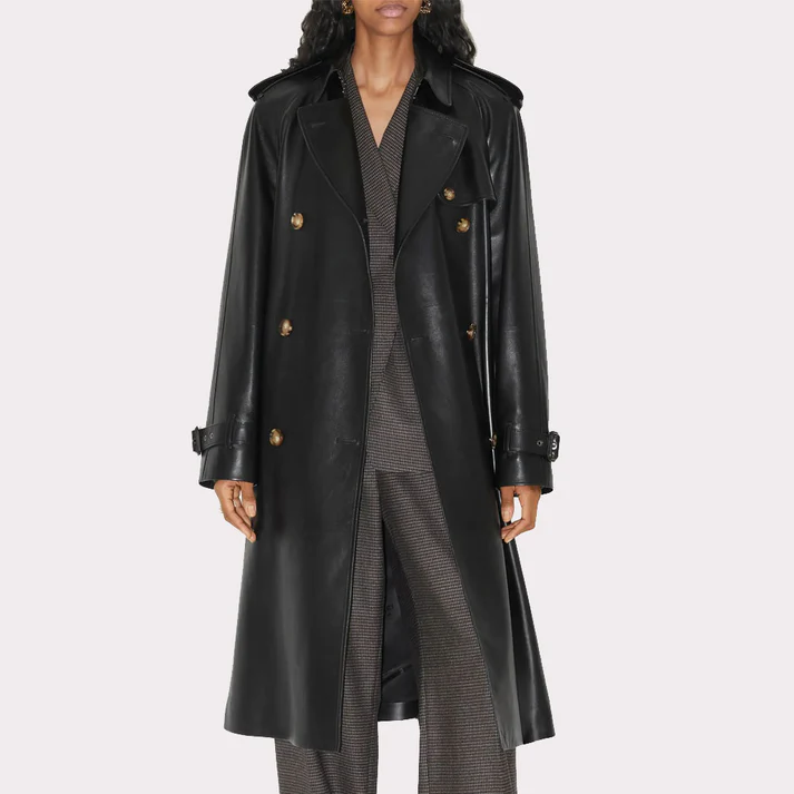 Statement Black Womens Leather Trench Coat - Longline Elegance