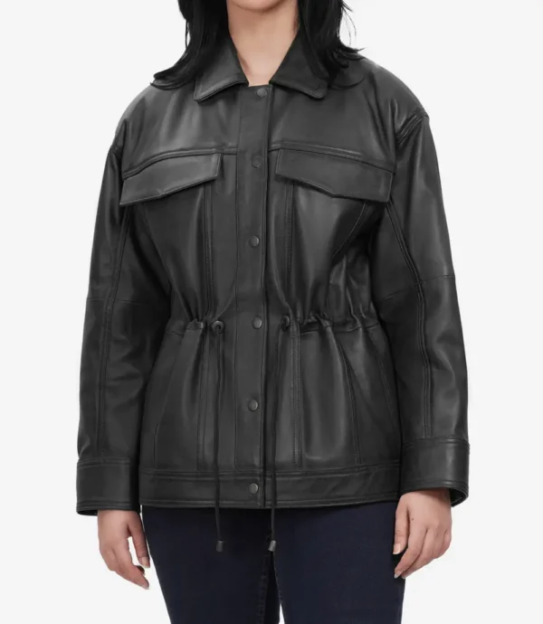 Women's Black Oversized Leather Trucker Jacket