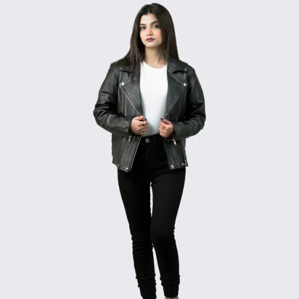 Women Tall Black Leather Biker Jacket With Notch Collar