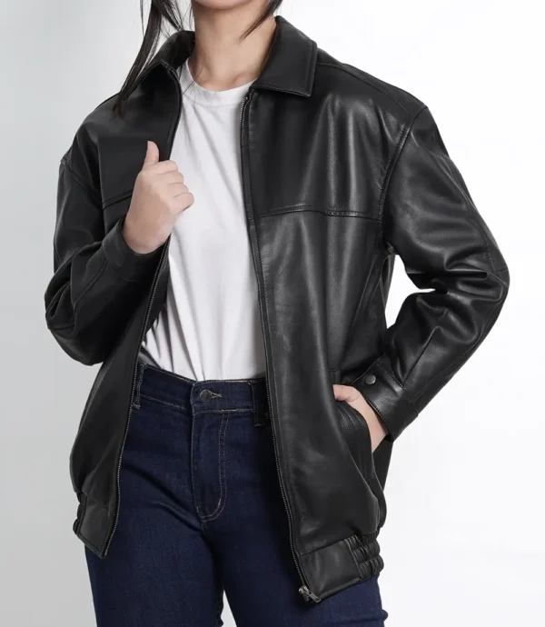 Black Womens Oversized Bomber Leather Jacket