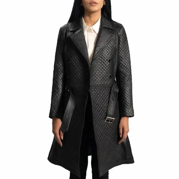 Womens Stylish Black Leather Quilted Trench Coat