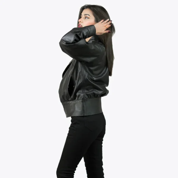 Womens Black Tall Biker Leather Jacket With Notch Collar
