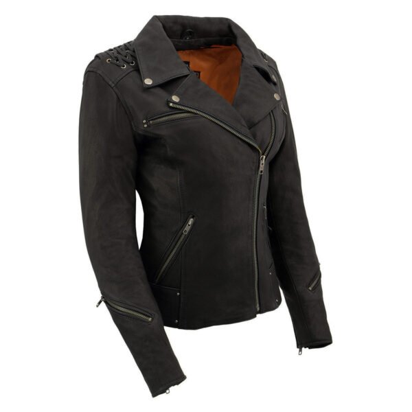 Black leather jacket with lace details