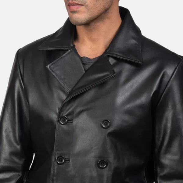 Black leather naval peacoat for men