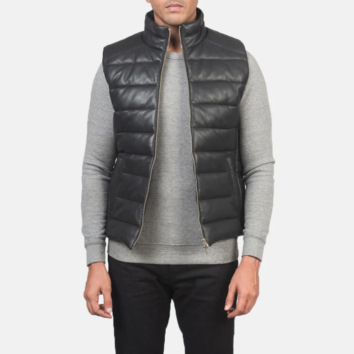 Black Leather Puffer Vest