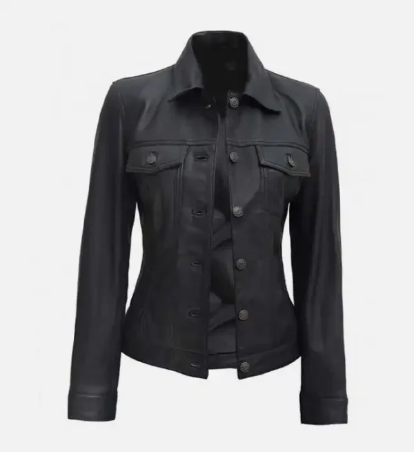 Black leather trucker jacket for women