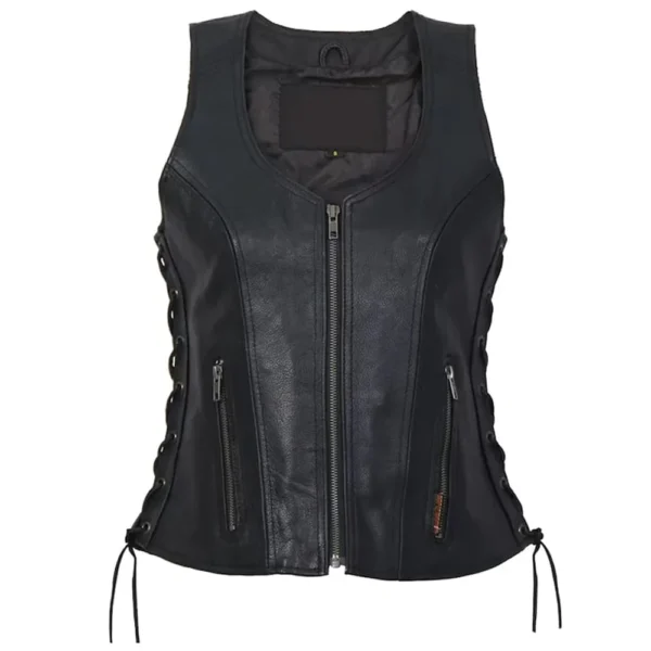 Women Black Side Lace Zip Leather Vest