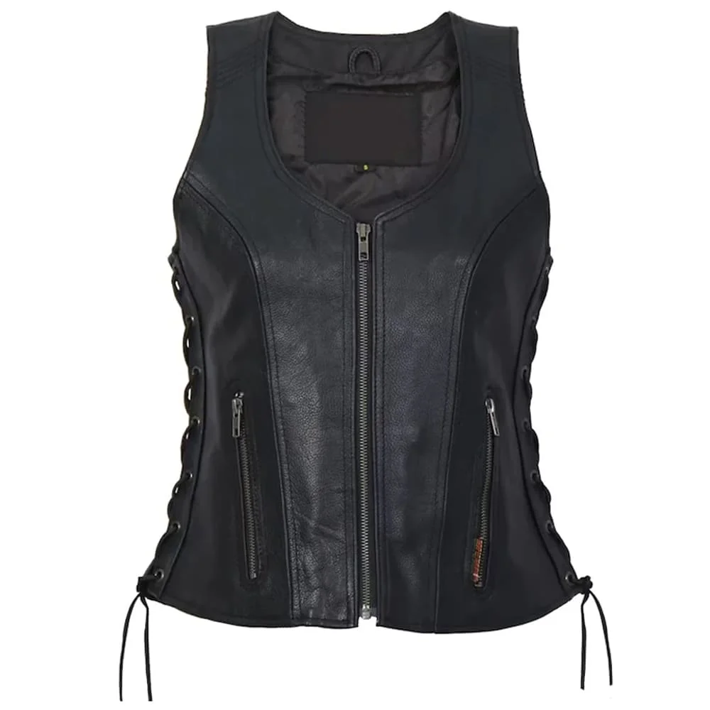 Women Black Side Lace Zip Leather Vest
