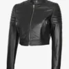 Black Cropped Leather Cafe Racer Jacket for Women