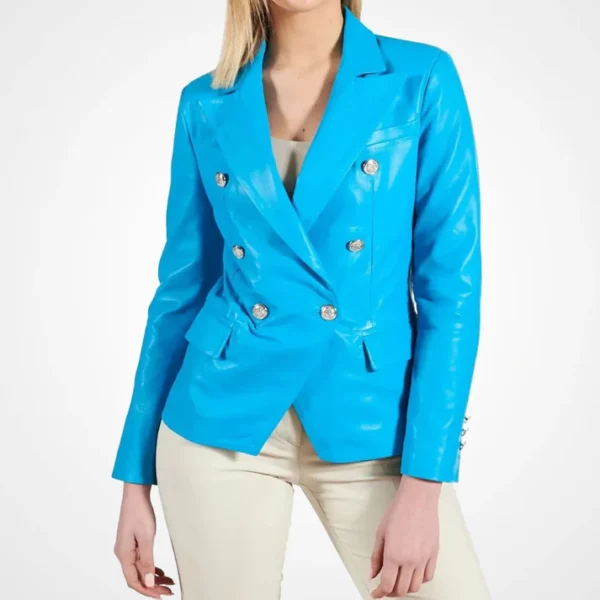 Womens Blue Double Breasted Leather Coat