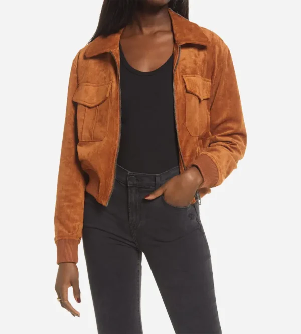 Women Brown Suede Bomber Jacket