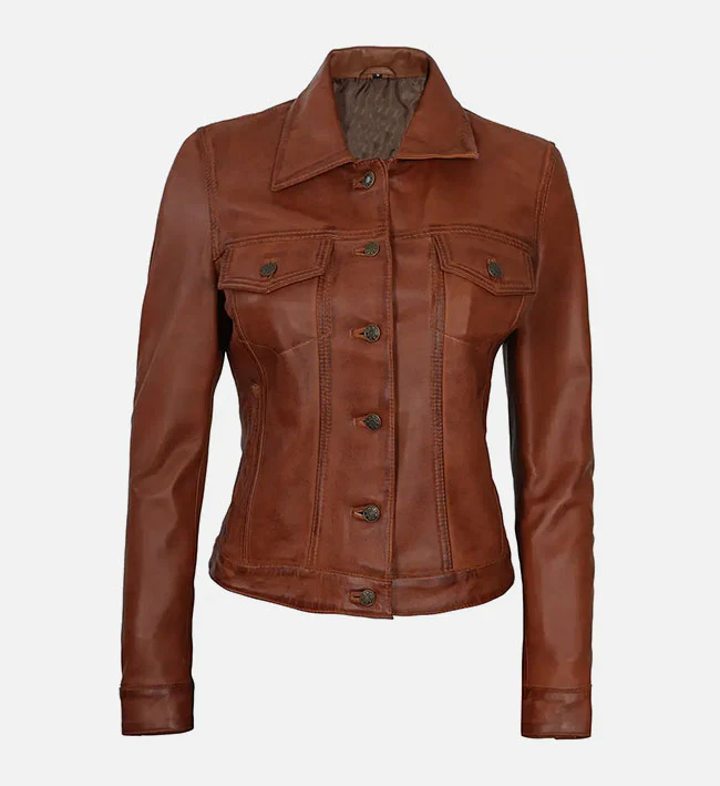 Brown Trucker Leather Jacket For Women