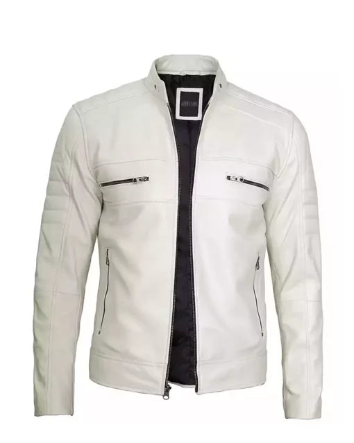 Mens Cafe Racer Off White Leather Jacket