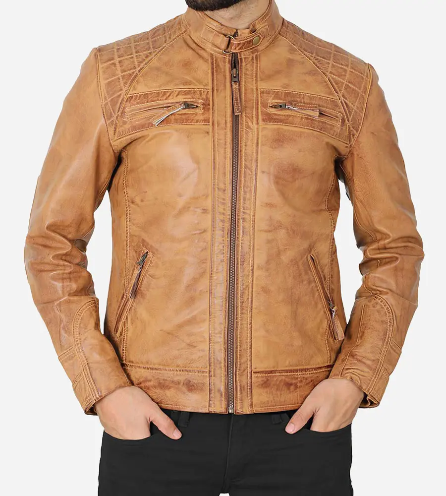 Mens Cafe Racer Camel Brown Quilted Leather Jacket