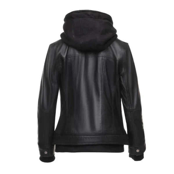 Casual Black Leather Jacket with Fleece Hood