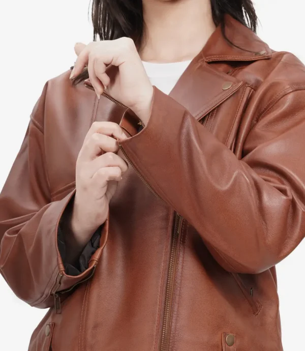 Women's Cognac Oversized Moto Leather Jacket