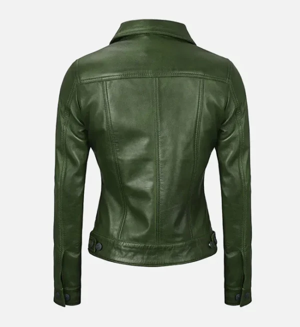 Casual green leather trucker jacket