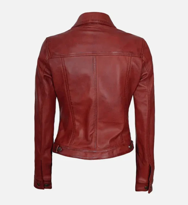 Casual red leather trucker jacket