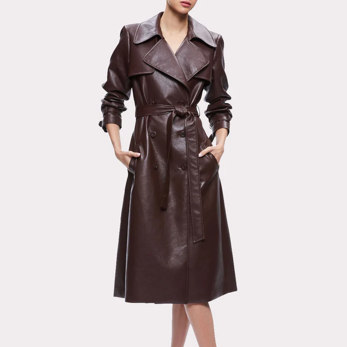 Womens Chocolate Brown Leather Trench Coat