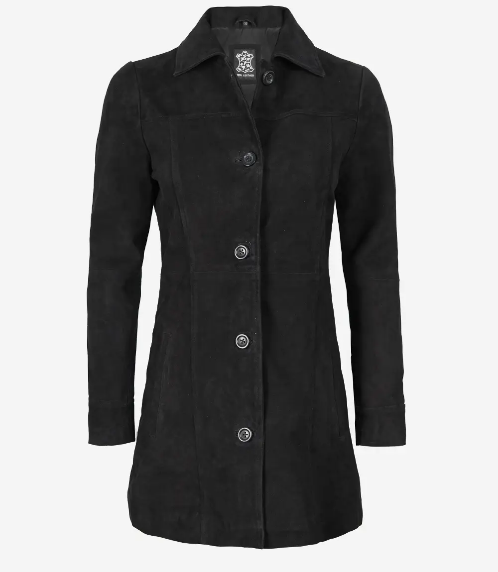 Womens Black Suede Button Down Coat