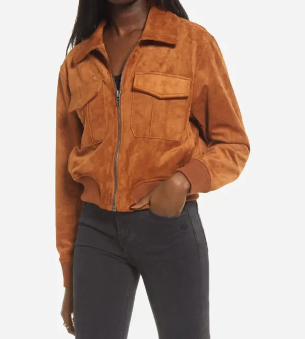 Women Brown Suede Bomber Jacket