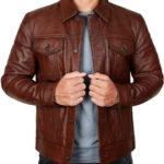 Owen Mens Brown Leather Trucker Jacket