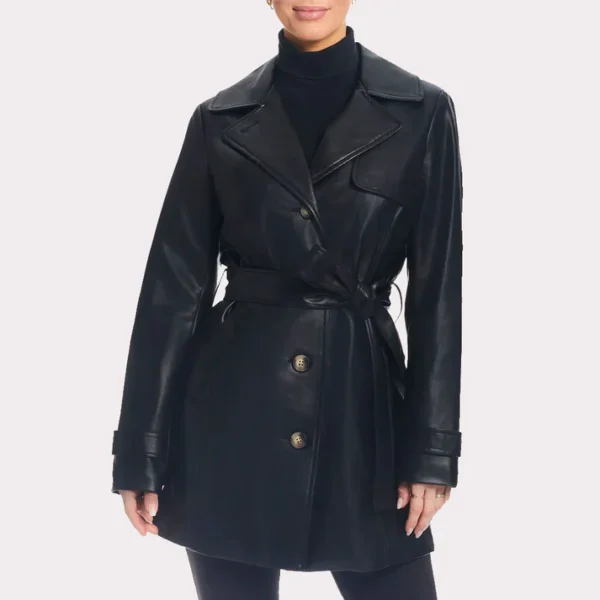 Classic Solid Black Leather Trench Coat For Women
