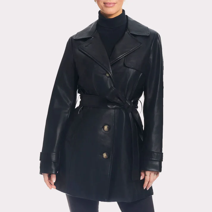 Classic Solid Black Leather Trench Coat For Women