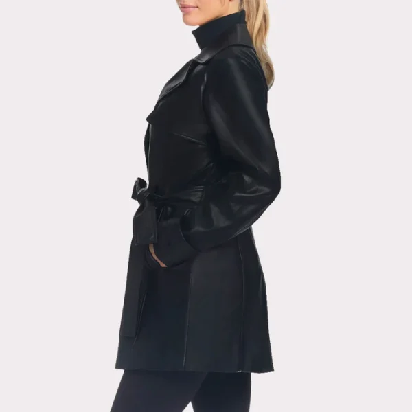 Classic Solid Black Leather Trench Coat For Women