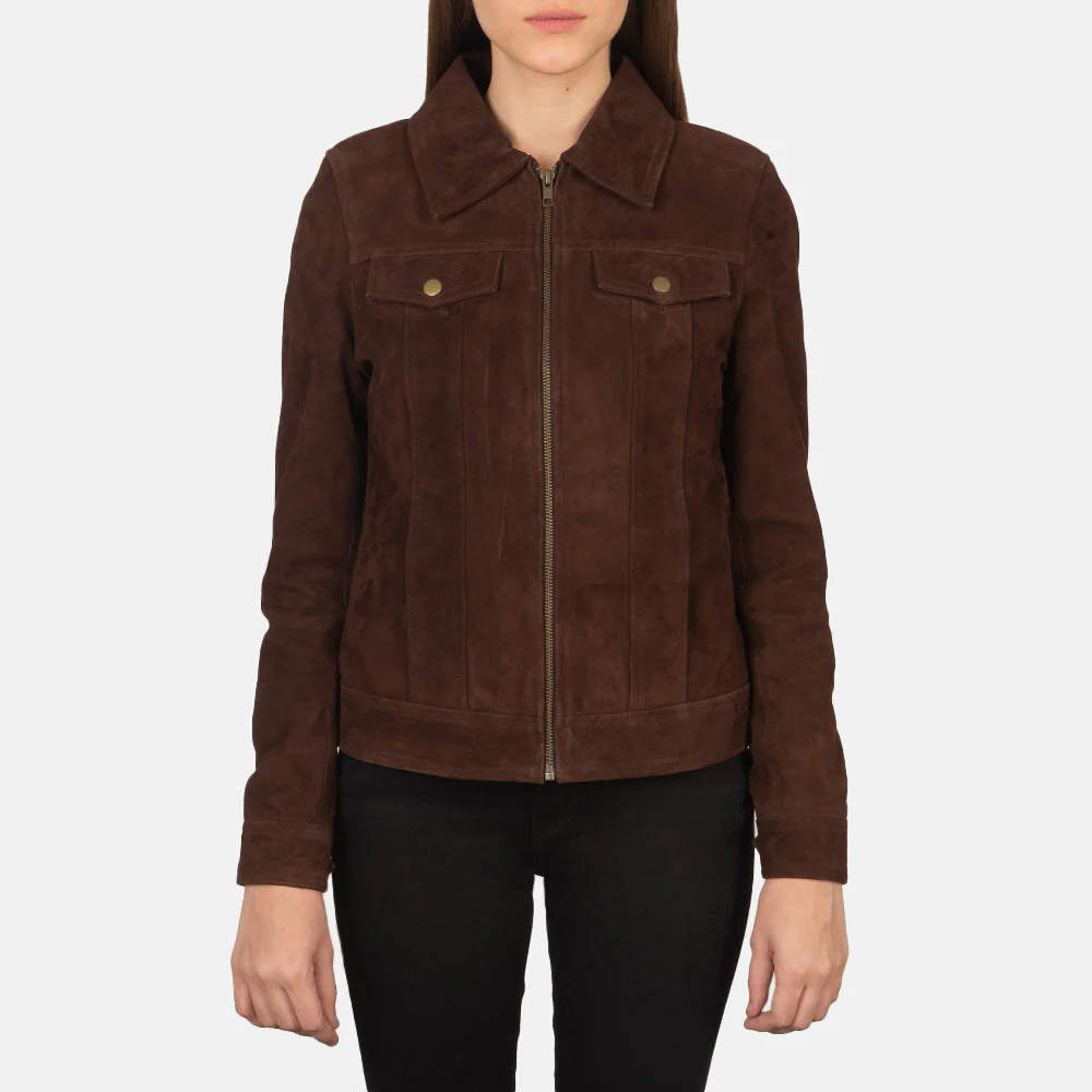 Women Dark Brown Suede Trucker Jacket