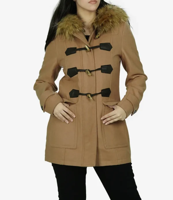 Women's Camel Brown Hooded Shearling Wool Duffle Coat