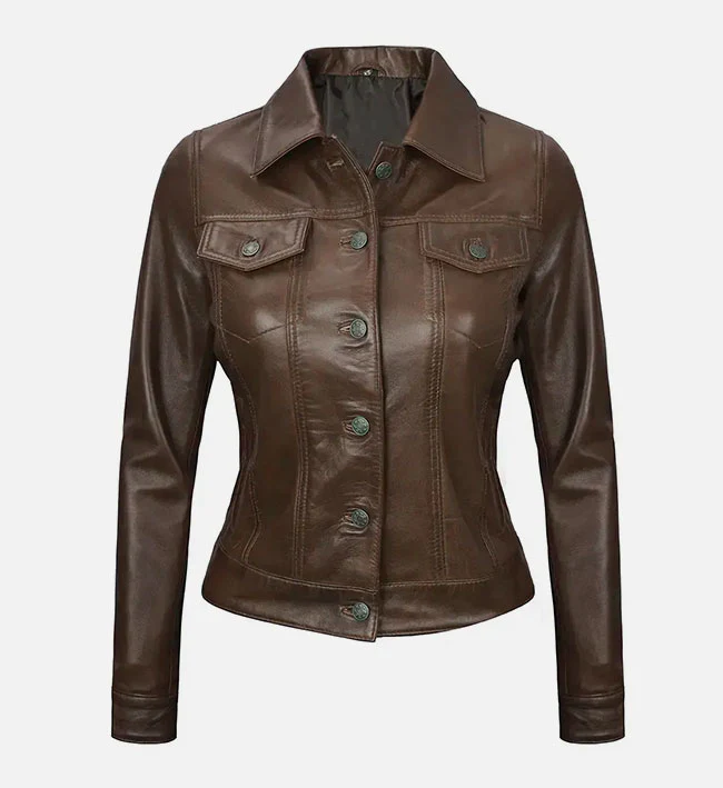 Dark Brown Leather Trucker Jacket For Women