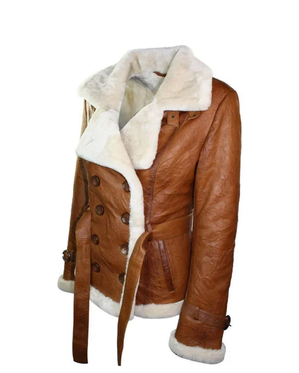 Womens Tan Brown Double Breasted Shearling Jacket