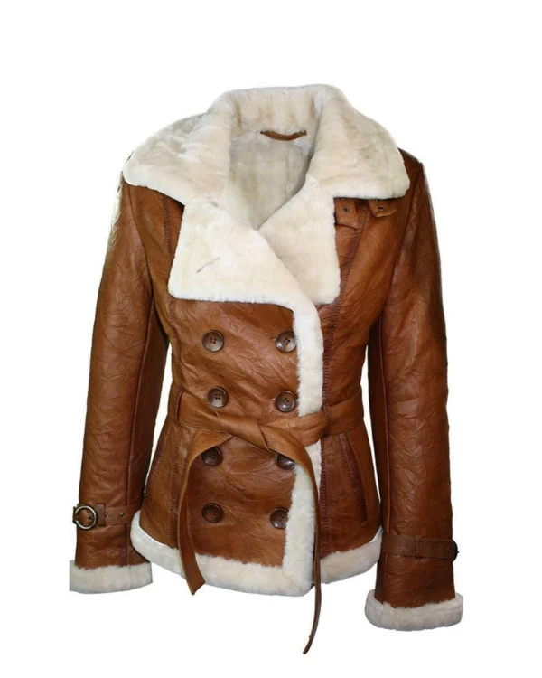 Womens Tan Brown Double Breasted Shearling Jacket