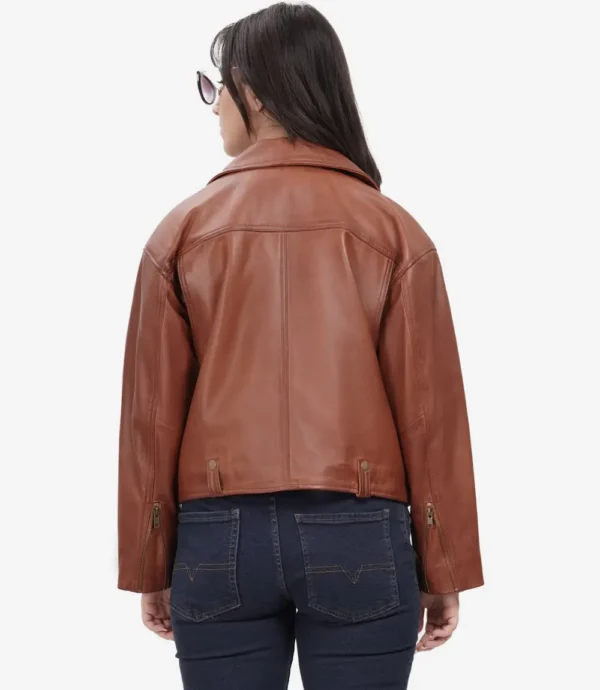 Women's Cognac Oversized Moto Leather Jacket