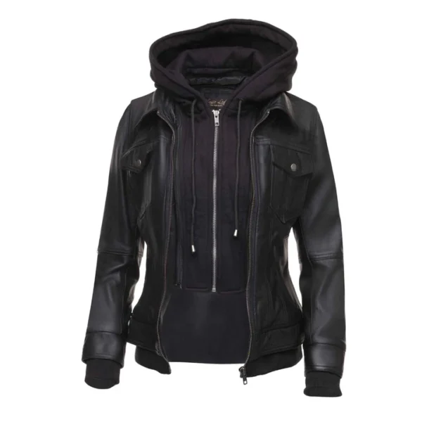 Fleece Hoodie Lined Black Leather Jacket