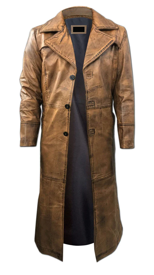 Mens Brown Leather Full Length Duster Coat