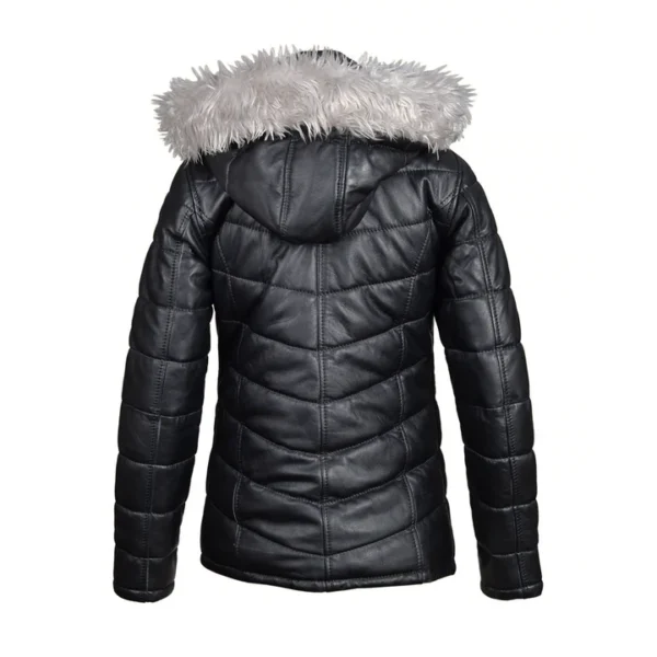 Fur Hooded Leather Puffer Jacket