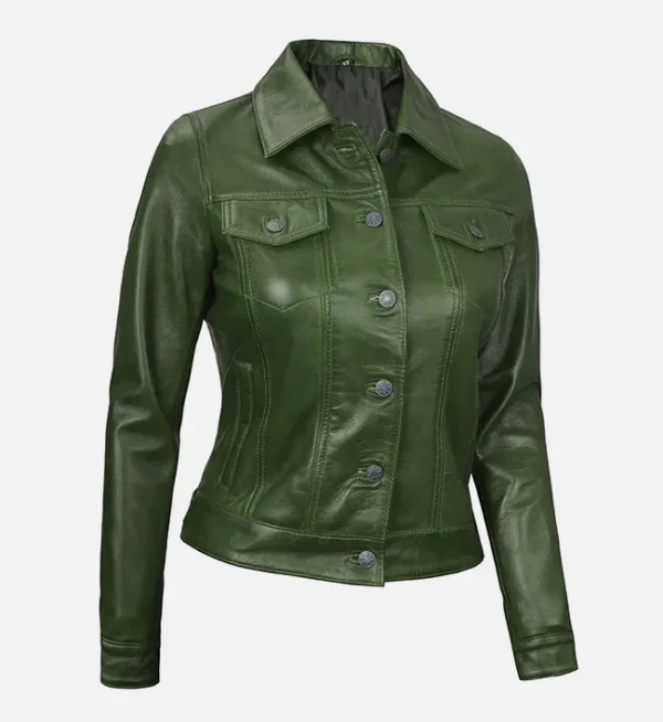 Green leather jacket for women