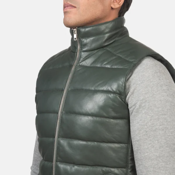 Green leather puffer vest for men